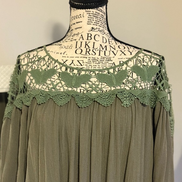 Chic Olive Midi Dress with Lace Accent - Picture 3 of 6